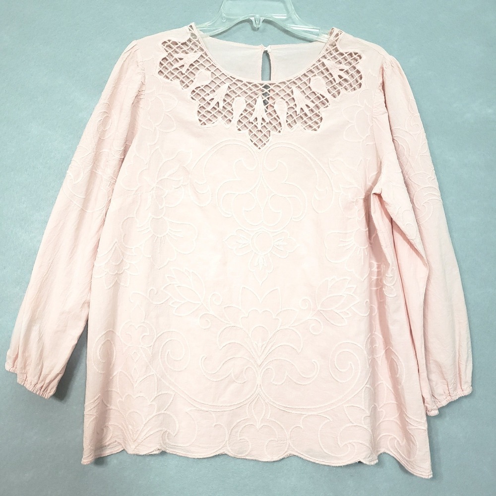 Womens L Blouse Pink Embroidered Lattice Cutout Boho Top Lightweight Unbranded